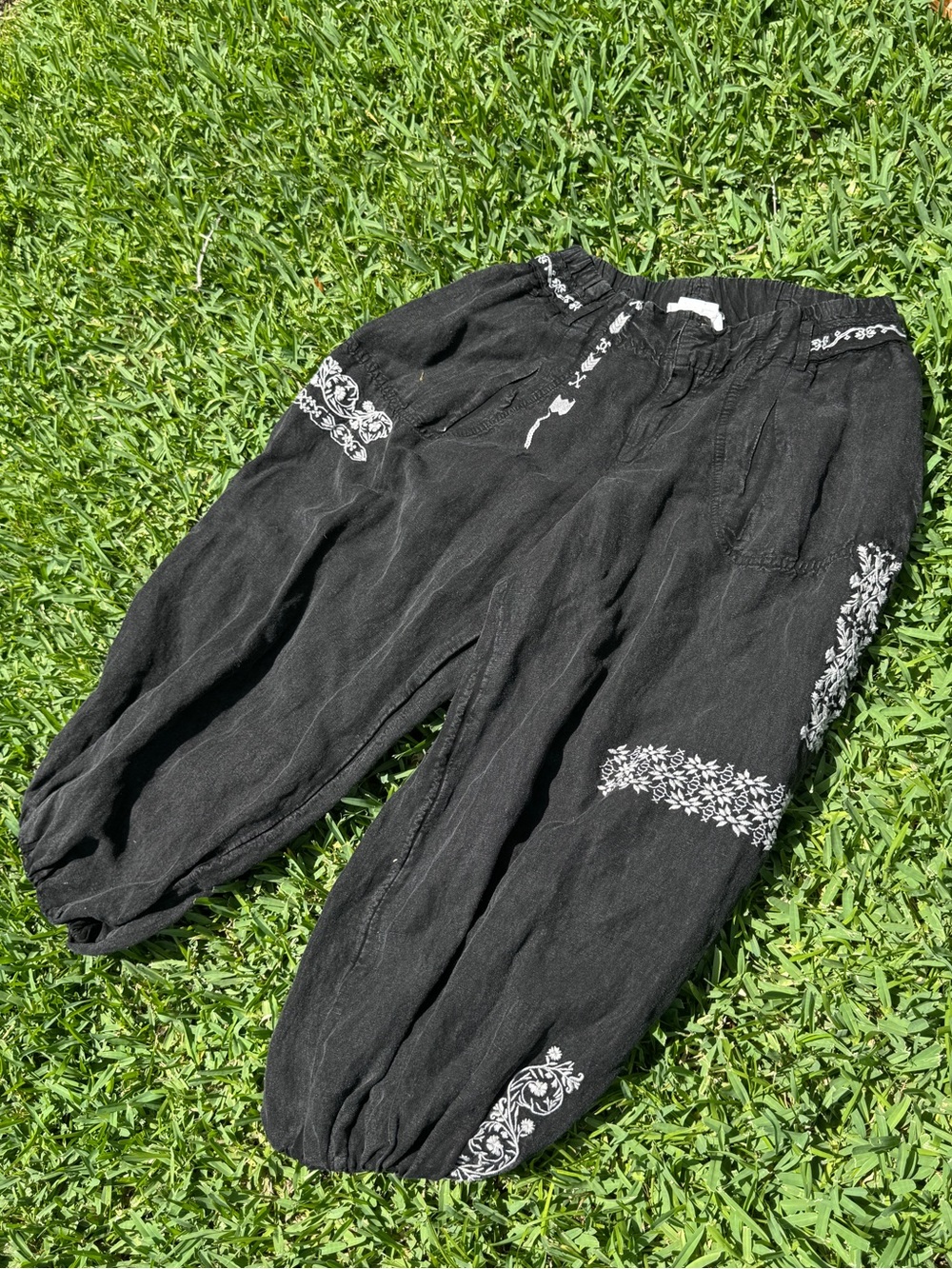 Anthropologie Black Embroidered Drawstring Harem Pants